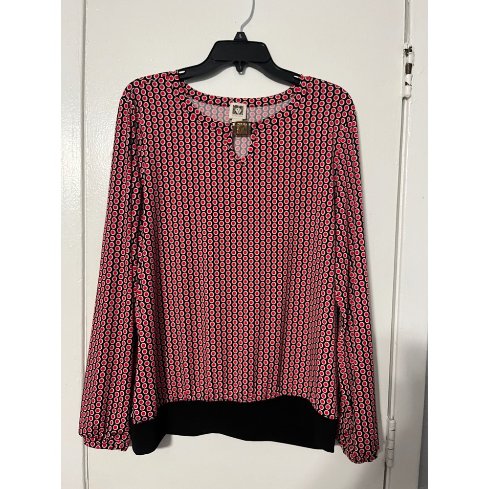 Anne Klein Womens XL Red Black Geometric Circle Print Keyhole Blouse Long Sleeve